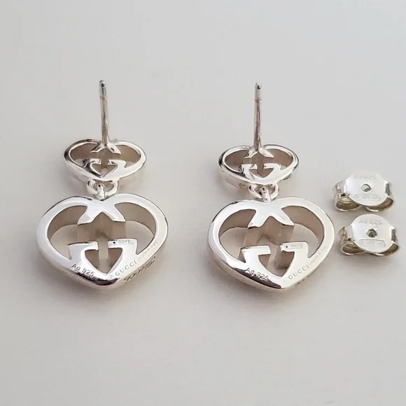 GUCCI Sterling Silver Love Britt Double G Heart Drop Earrings